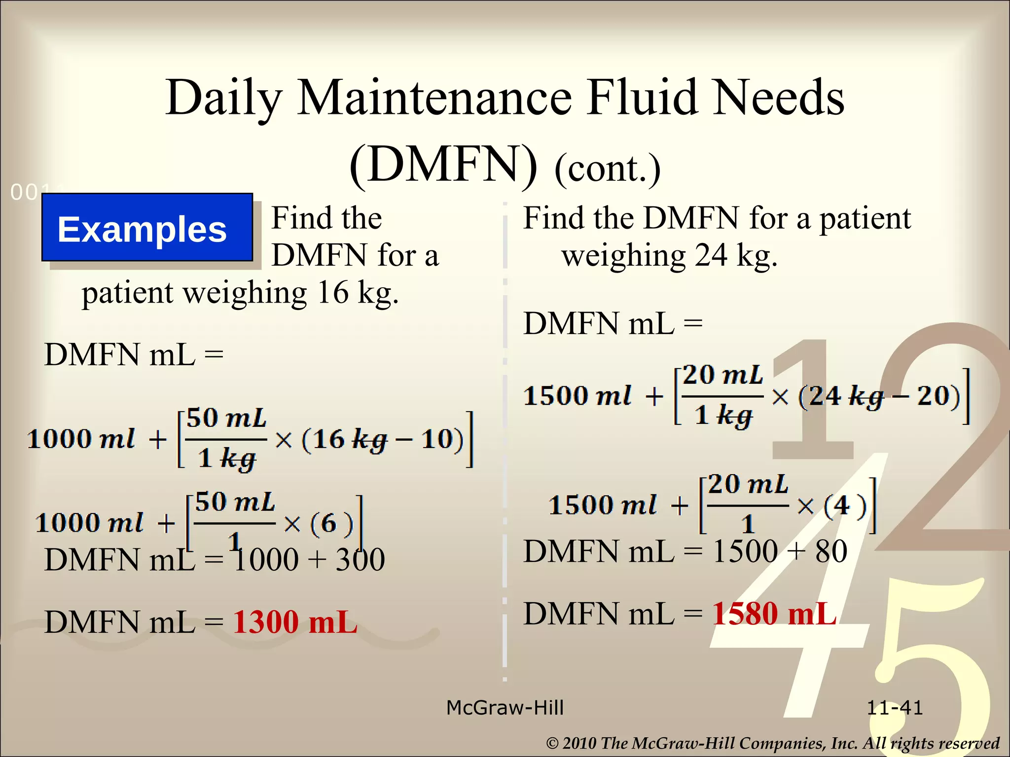 Daily Maintenance Fluid Needs (DMFN)   (cont.)   Find the    DMFN for a patient weighing 16 kg. DMFN mL = DMFN mL = 1000 + 300 DMFN mL =  1300 mL  Find the DMFN for a patient weighing 24 kg. DMFN mL =  DMFN mL = 1500 + 80  DMFN mL =  1580 mL McGraw-Hill 11- Examples  