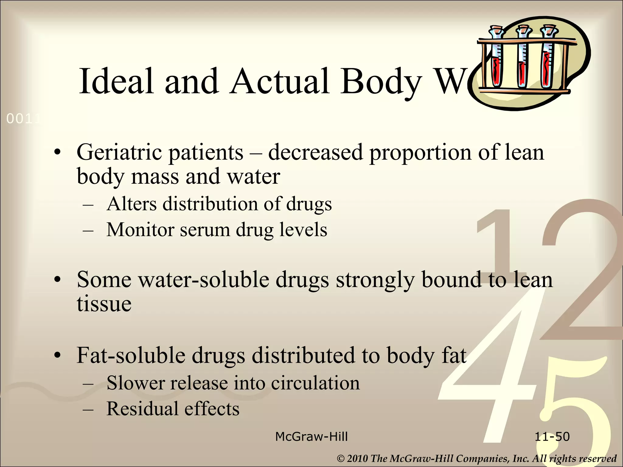 Ideal and Actual Body Weight Geriatric patients – decreased proportion of lean body mass and water Alters distribution of drugs Monitor serum drug levels Some water-soluble drugs strongly bound to lean tissue Fat-soluble drugs distributed to body fat Slower release into circulation Residual effects McGraw-Hill 11- 