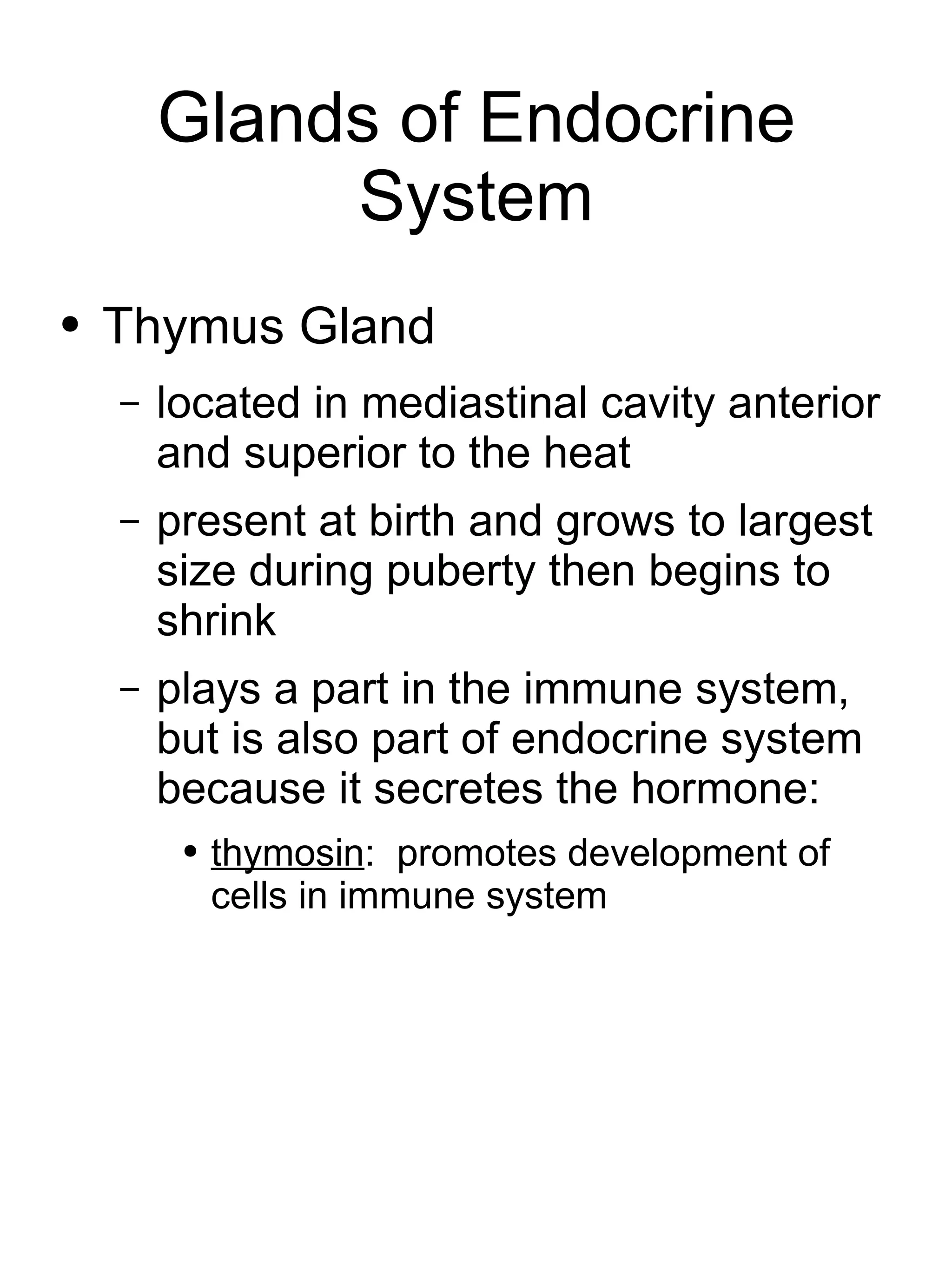 Glands of Endocrine System Thymus Gland located in mediastinal cavity anterior and superior to the heat present at birth and grows to largest size during puberty then begins to shrink  plays a part in the immune system, but is also part of endocrine system because it secretes the hormone: thymosin :  promotes development of cells in immune system 