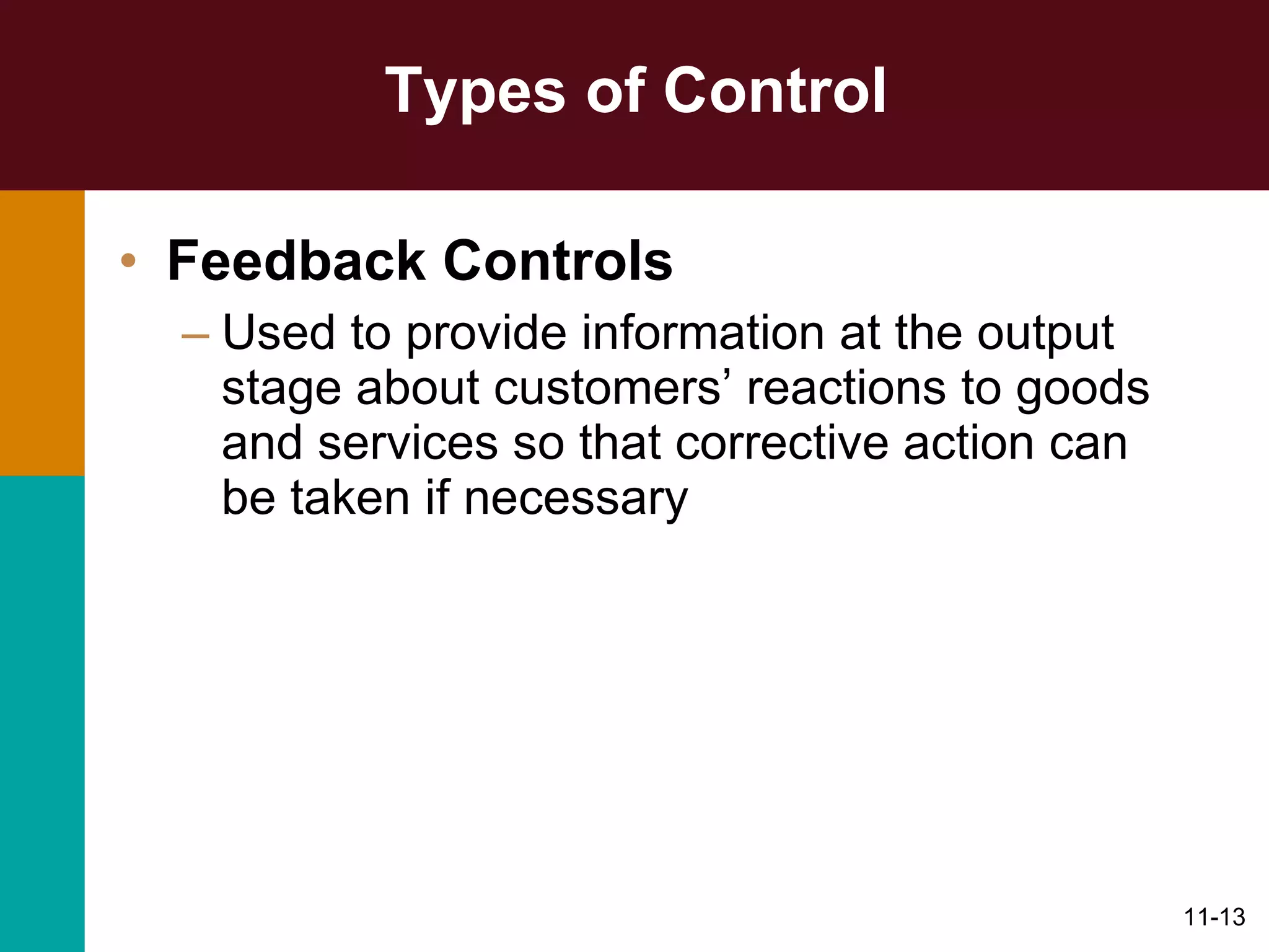 Types of Control  Feedback Controls Used to provide information at the output stage about customers’ reactions to goods and services so that corrective action can be taken if necessary 