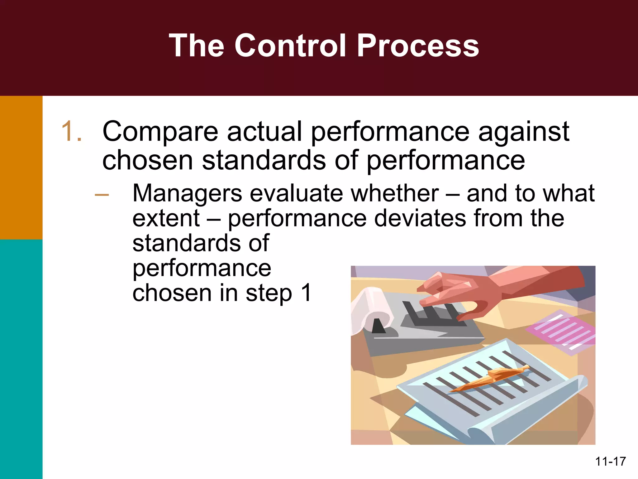 The Control Process Compare actual performance against chosen standards of performance Managers evaluate whether – and to what extent – performance deviates from the standards of  performance  chosen in step 1 