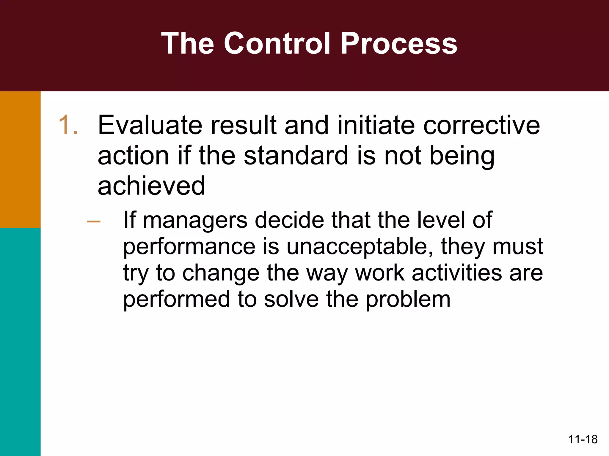 The Control Process Evaluate result and initiate corrective action if the standard is not being achieved If managers decide that the level of performance is unacceptable, they must try to change the way work activities are performed to solve the problem 