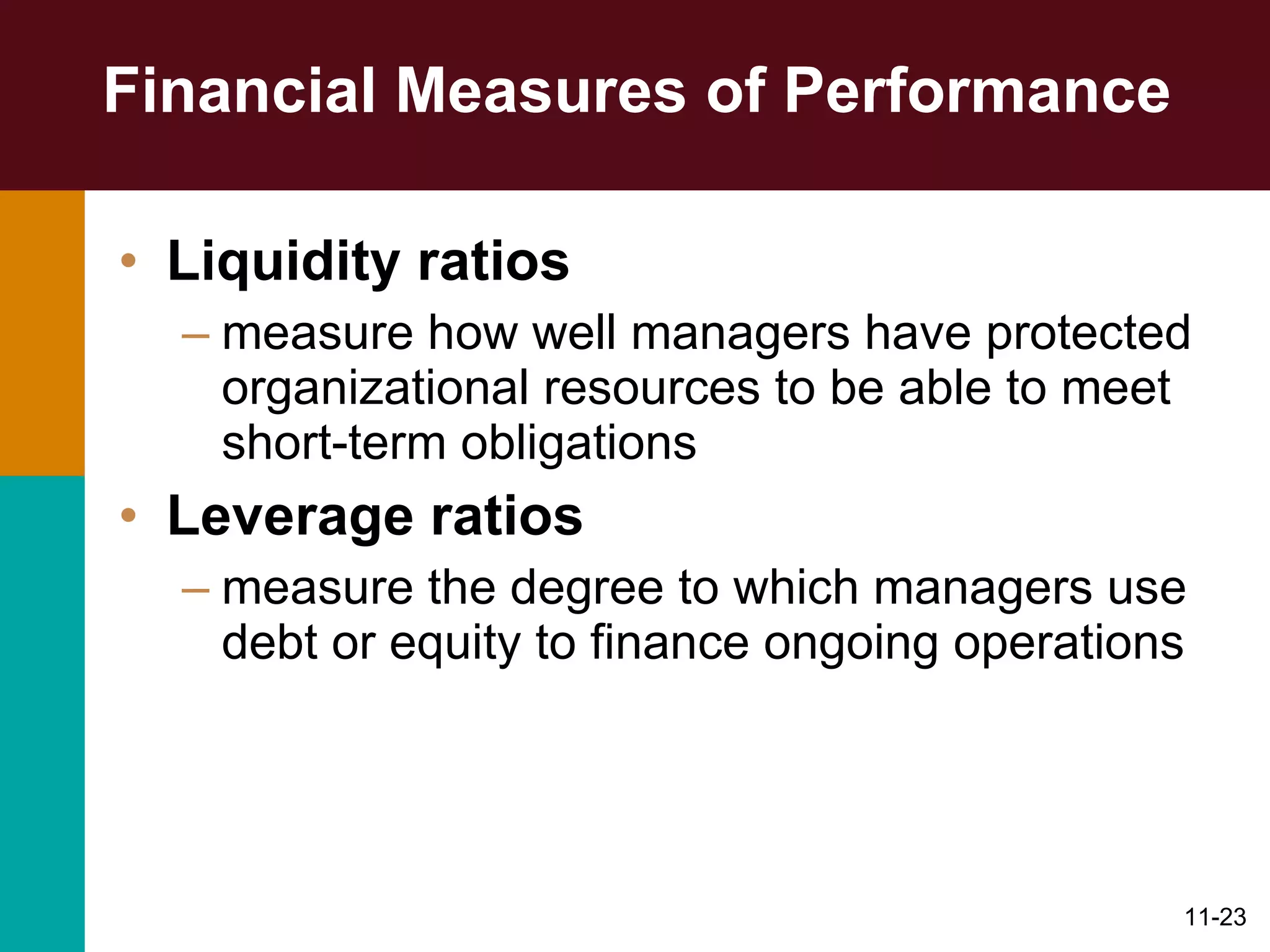 Financial Measures of Performance  Liquidity ratios   measure how well managers have protected organizational resources to be able to meet short-term obligations Leverage ratios   measure the degree to which managers use debt or equity to finance ongoing operations 