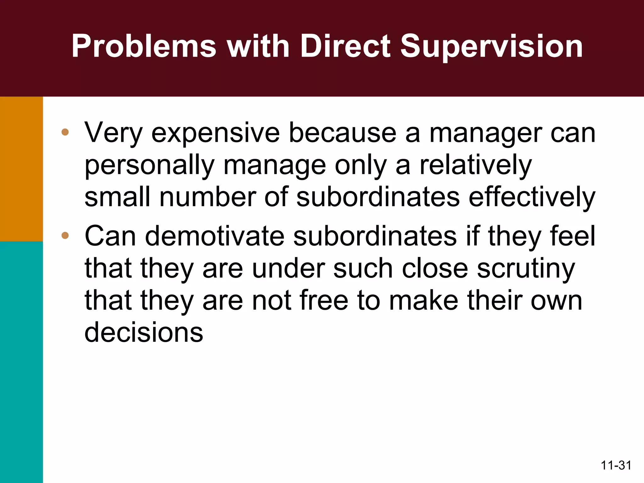 Problems with Direct Supervision Very expensive because a manager can personally manage only a relatively small number of subordinates effectively Can demotivate subordinates if they feel that they are under such close scrutiny that they are not free to make their own decisions 