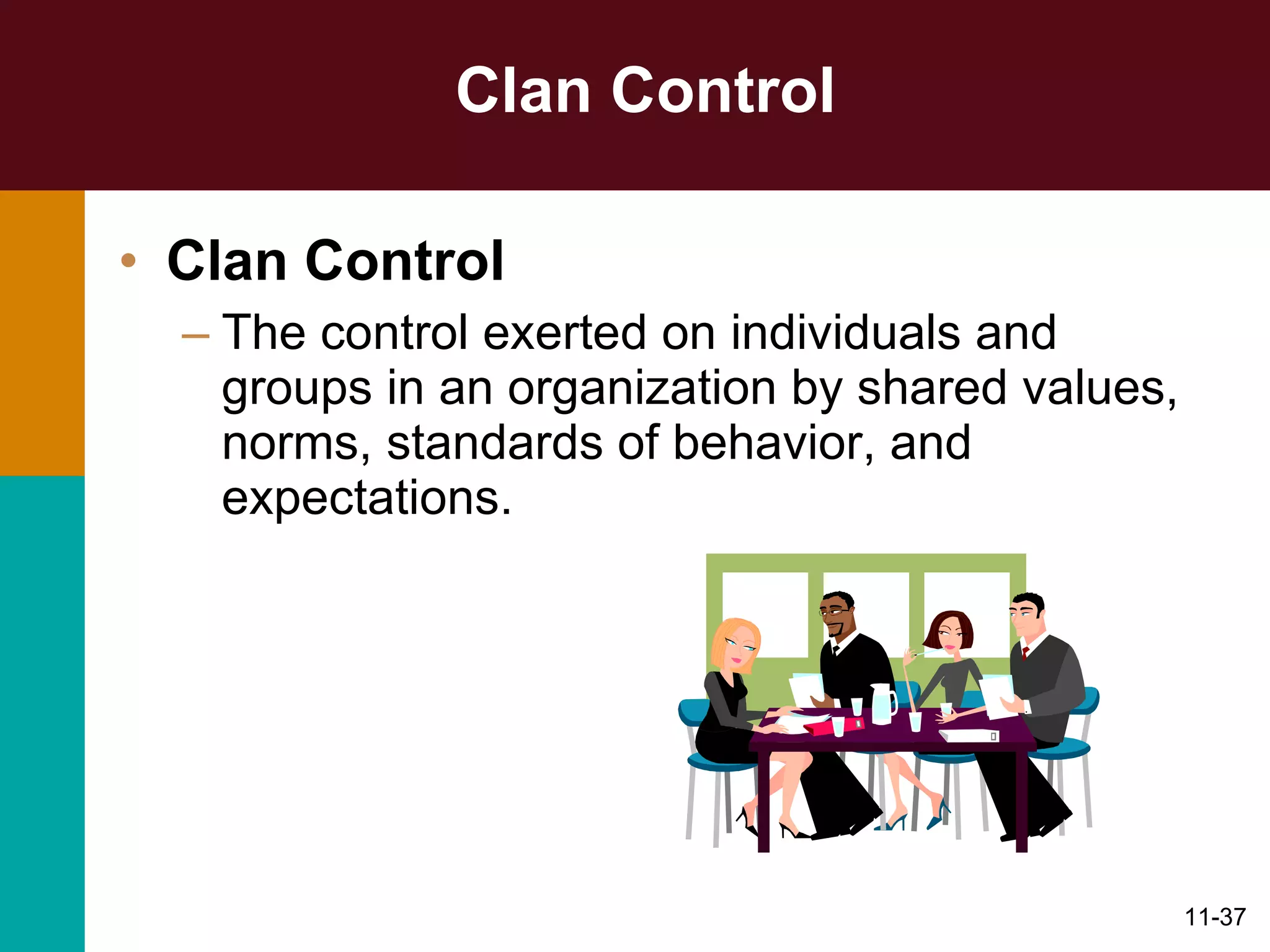 Clan Control Clan Control The control exerted on individuals and groups in an organization by shared values, norms, standards of behavior, and expectations. 