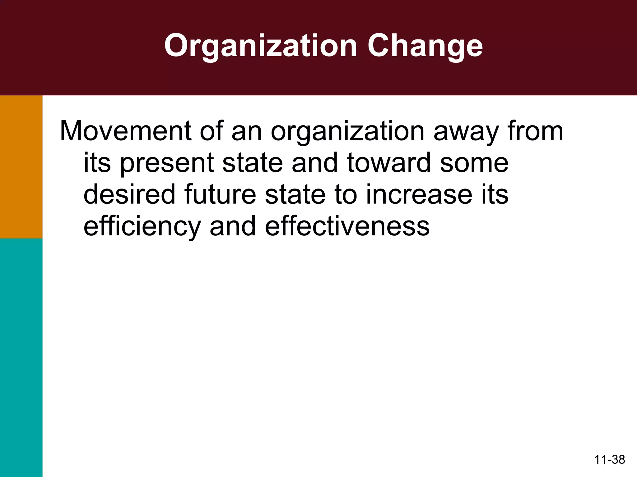 Organization Change Movement of an organization away from its present state and toward some desired future state to increase its efficiency and effectiveness 
