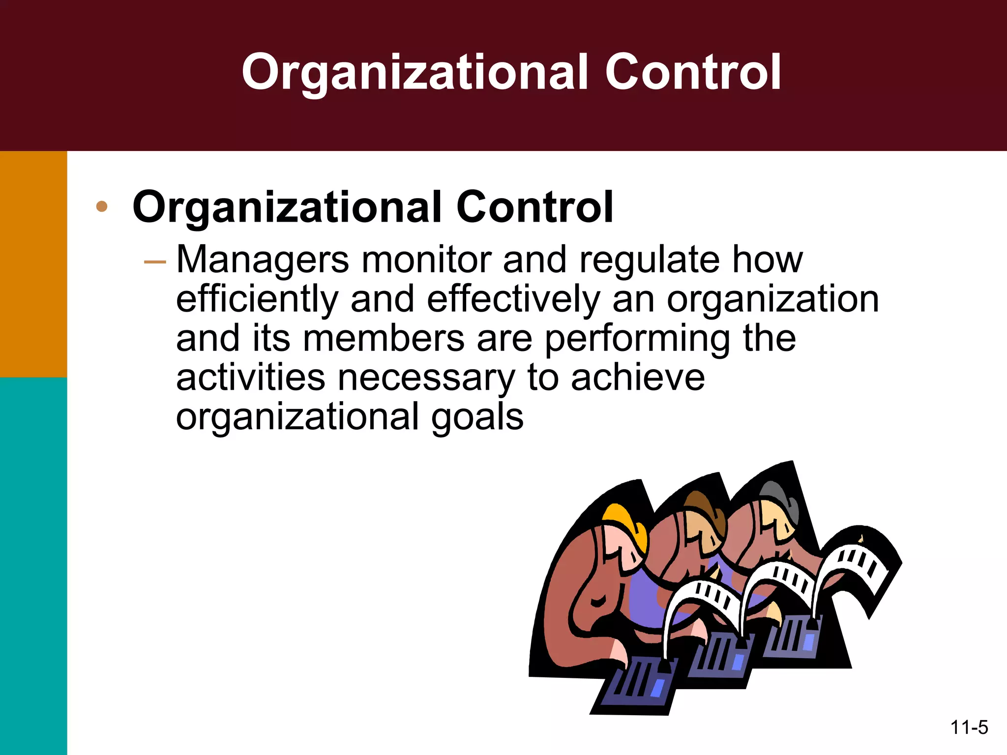 Organizational Control Organizational Control   Managers monitor and regulate how efficiently and effectively an organization and its members are performing the activities necessary to achieve organizational goals 