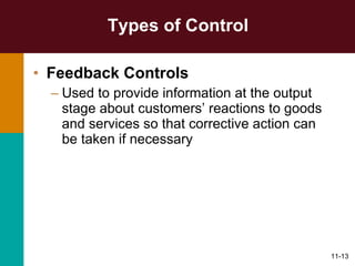 Types of Control  Feedback Controls Used to provide information at the output stage about customers’ reactions to goods and services so that corrective action can be taken if necessary 
