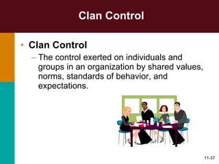 Clan Control Clan Control The control exerted on individuals and groups in an organization by shared values, norms, standards of behavior, and expectations. 