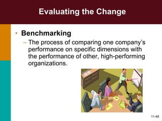 Evaluating the Change Benchmarking  The process of comparing one company’s performance on specific dimensions with the performance of other, high-performing organizations. 