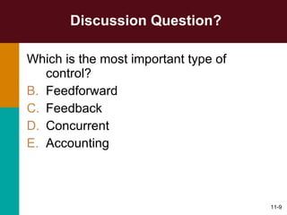 Discussion Question? Which is the most important type of control? Feedforward Feedback Concurrent Accounting  