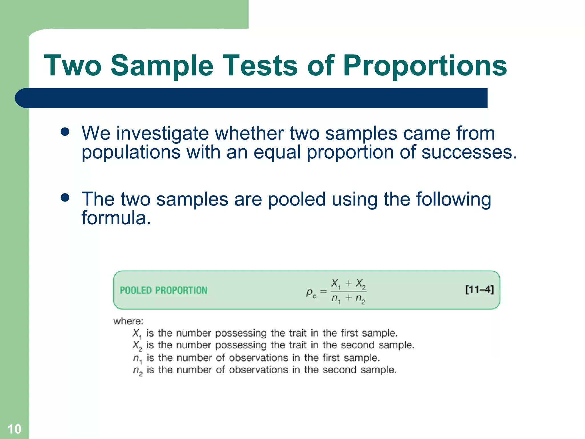Two Sample Tests of Proportions We investigate whether two samples came from populations with an equal proportion of successes. The two samples are pooled using the following formula. 