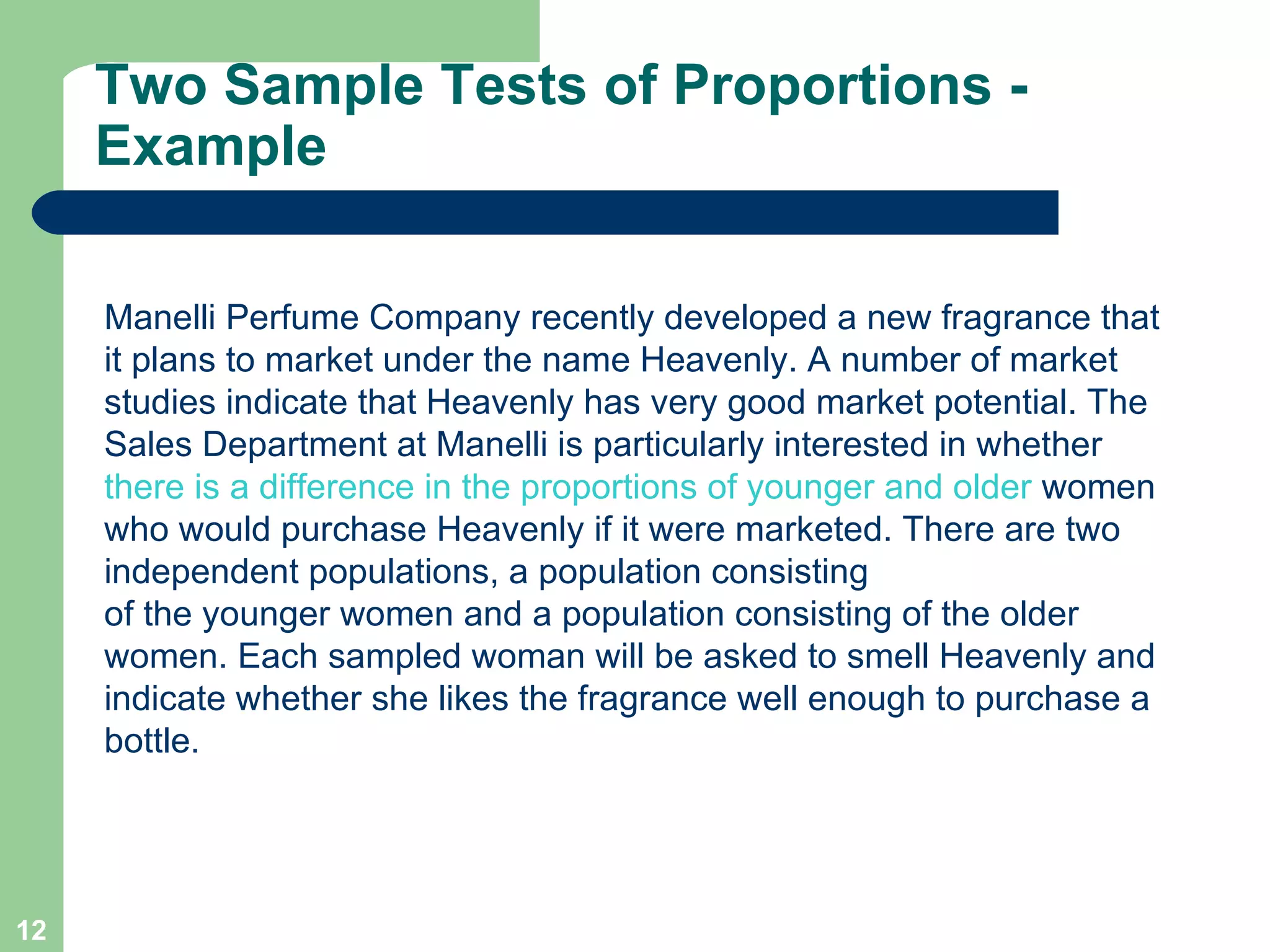 Two Sample Tests of Proportions - Example Manelli Perfume Company recently developed a new fragrance that it plans to market under the name Heavenly. A number of market studies indicate that Heavenly has very good market potential. The Sales Department at Manelli is particularly interested in whether  there is a difference in the proportions of younger and older  women who would purchase Heavenly if it were marketed. There are two independent populations, a population consisting of the younger women and a population consisting of the older women. Each sampled woman will be asked to smell Heavenly and indicate whether she likes the fragrance well enough to purchase a bottle. 
