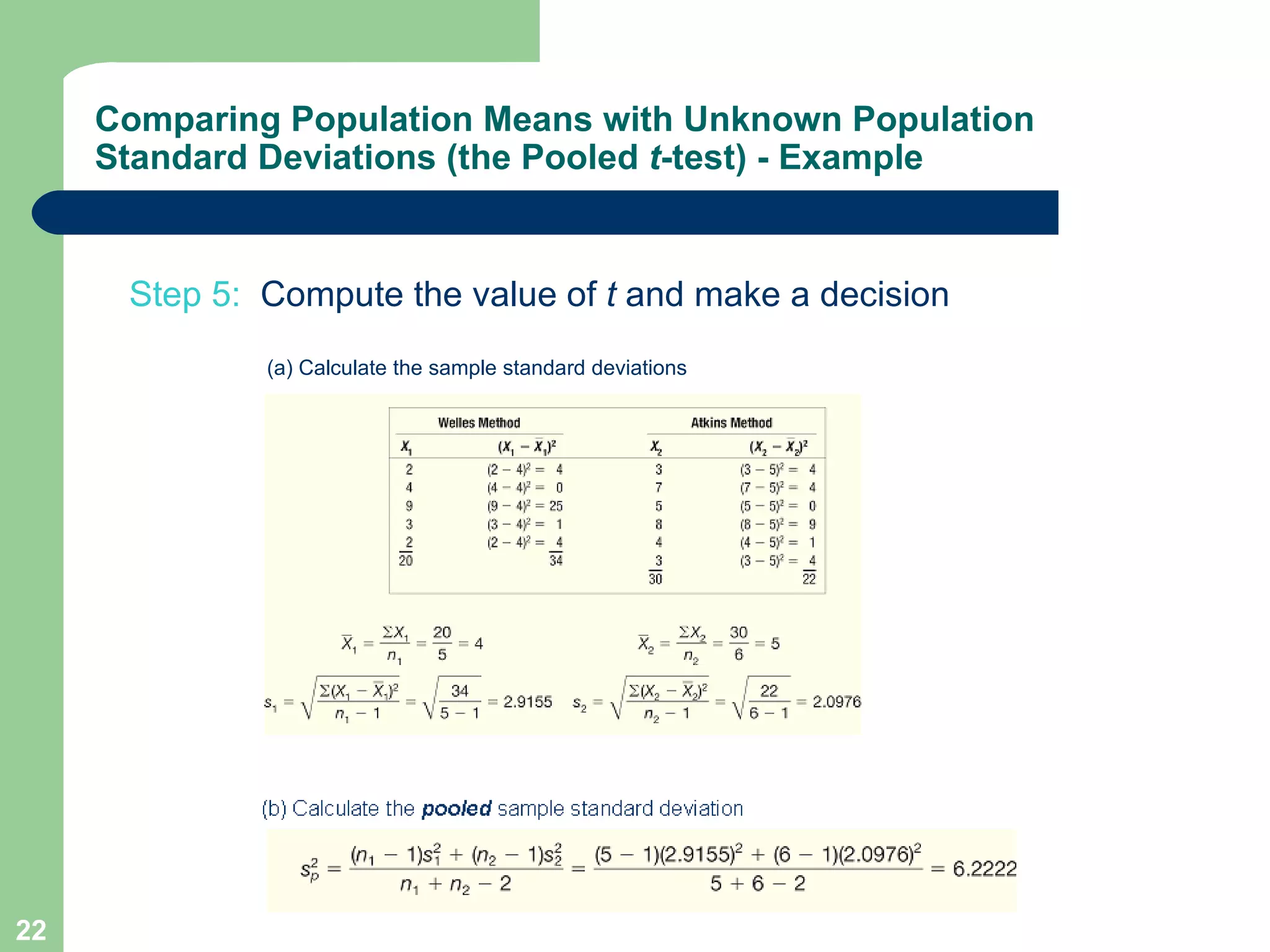 Step 5:   Compute the value of  t  and make a decision Comparing Population Means with Unknown Population Standard Deviations (the Pooled  t -test) - Example (a) Calculate the sample standard deviations 