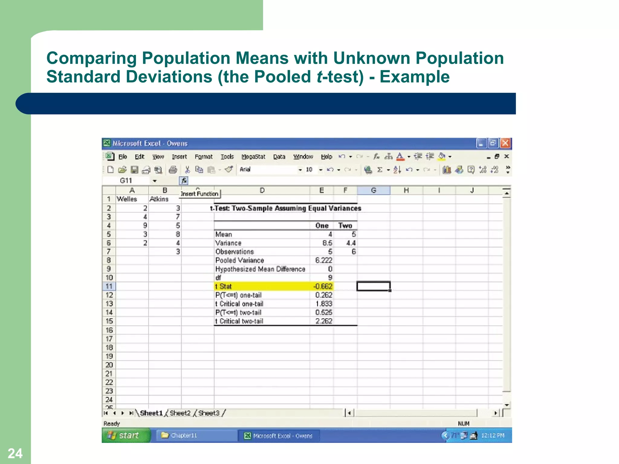 Comparing Population Means with Unknown Population Standard Deviations (the Pooled  t -test) - Example 