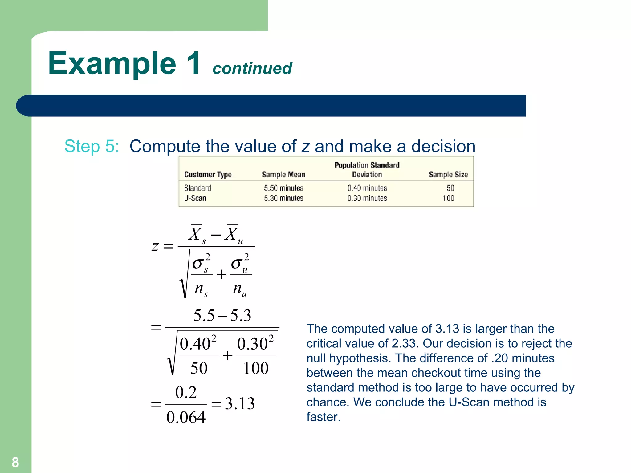 Example 1  continued Step 5:   Compute the value of  z  and make a decision The computed value of 3.13 is larger than the critical value of 2.33. Our decision is to reject the null hypothesis. The difference of .20 minutes between the mean checkout time using the standard method is too large to have occurred by chance. We conclude the U-Scan method is faster. 