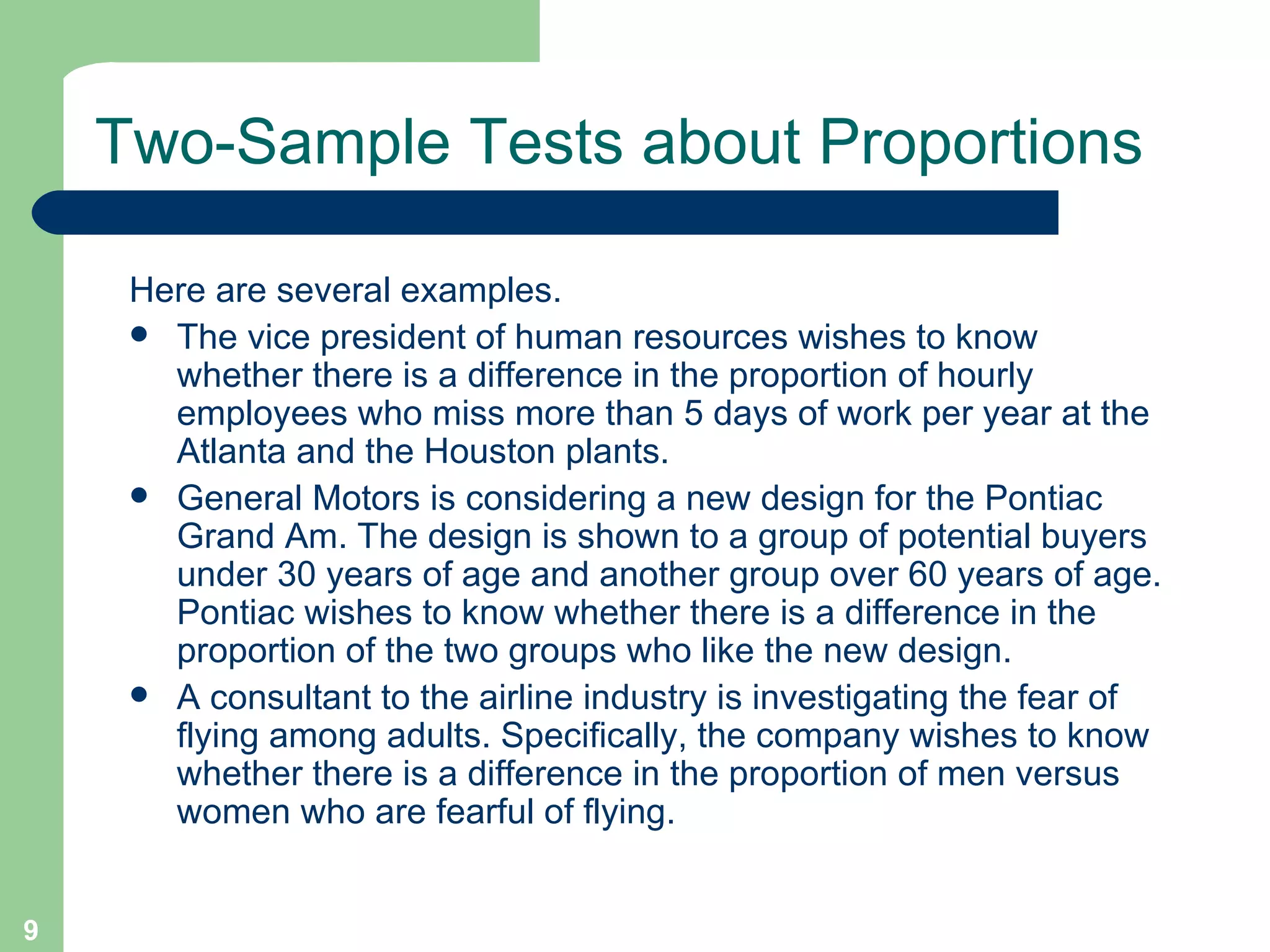 Two-Sample Tests about Proportions Here are several examples. The vice president of human resources wishes to know whether there is a difference in the proportion of hourly employees who miss more than 5 days of work per year at the Atlanta and the Houston plants. General Motors is considering a new design for the Pontiac Grand Am. The design is shown to a group of potential buyers under 30 years of age and another group over 60 years of age. Pontiac wishes to know whether there is a difference in the proportion of the two groups who like the new design. A consultant to the airline industry is investigating the fear of flying among adults. Specifically, the company wishes to know whether there is a difference in the proportion of men versus women who are fearful of flying. 