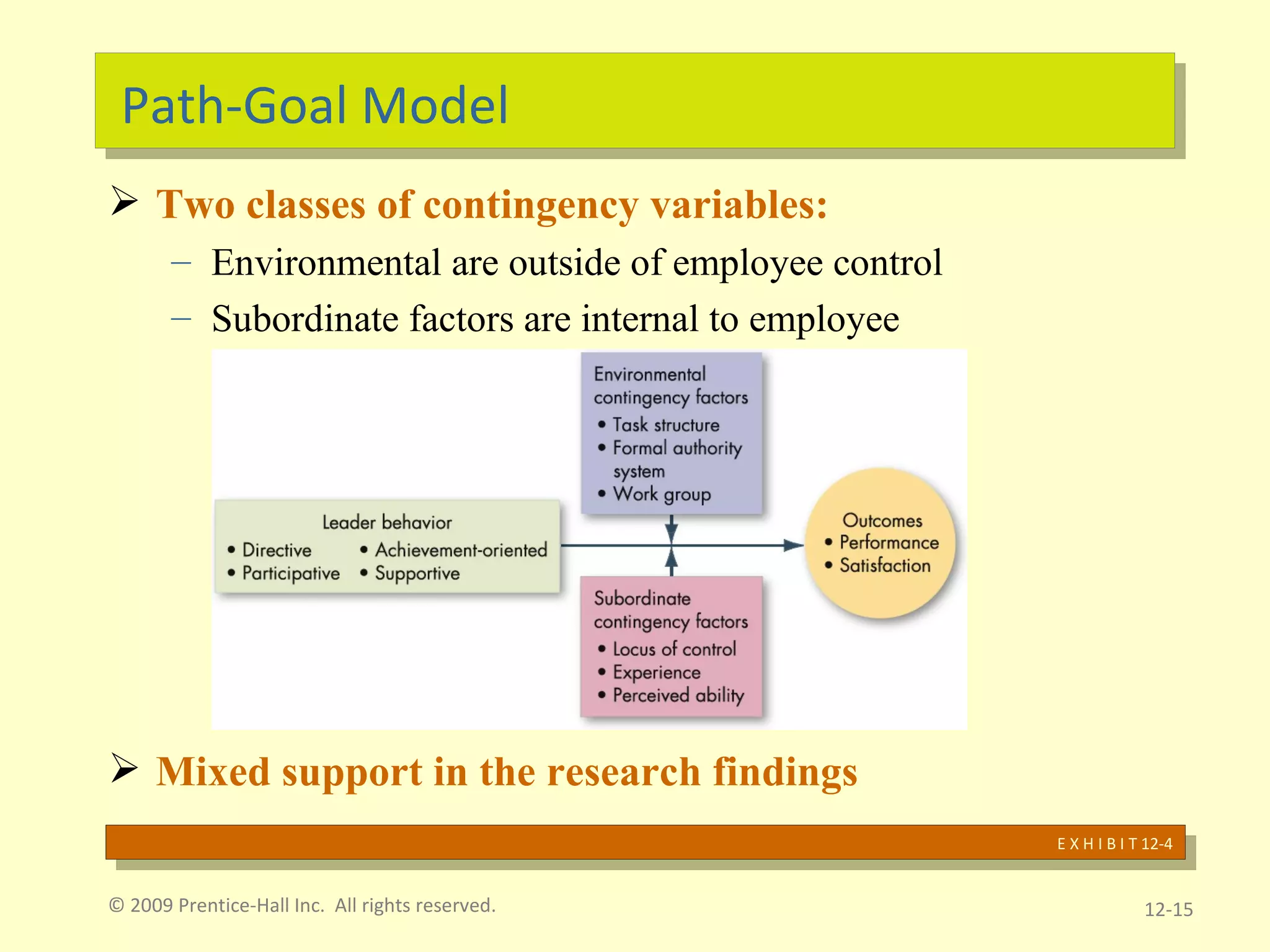 Path-Goal Model Two classes of contingency variables: Environmental are outside of employee control Subordinate factors are internal to employee Mixed support in the research findings  © 2009 Prentice-Hall Inc.  All rights reserved. 12- E X H I B I T 12-4 