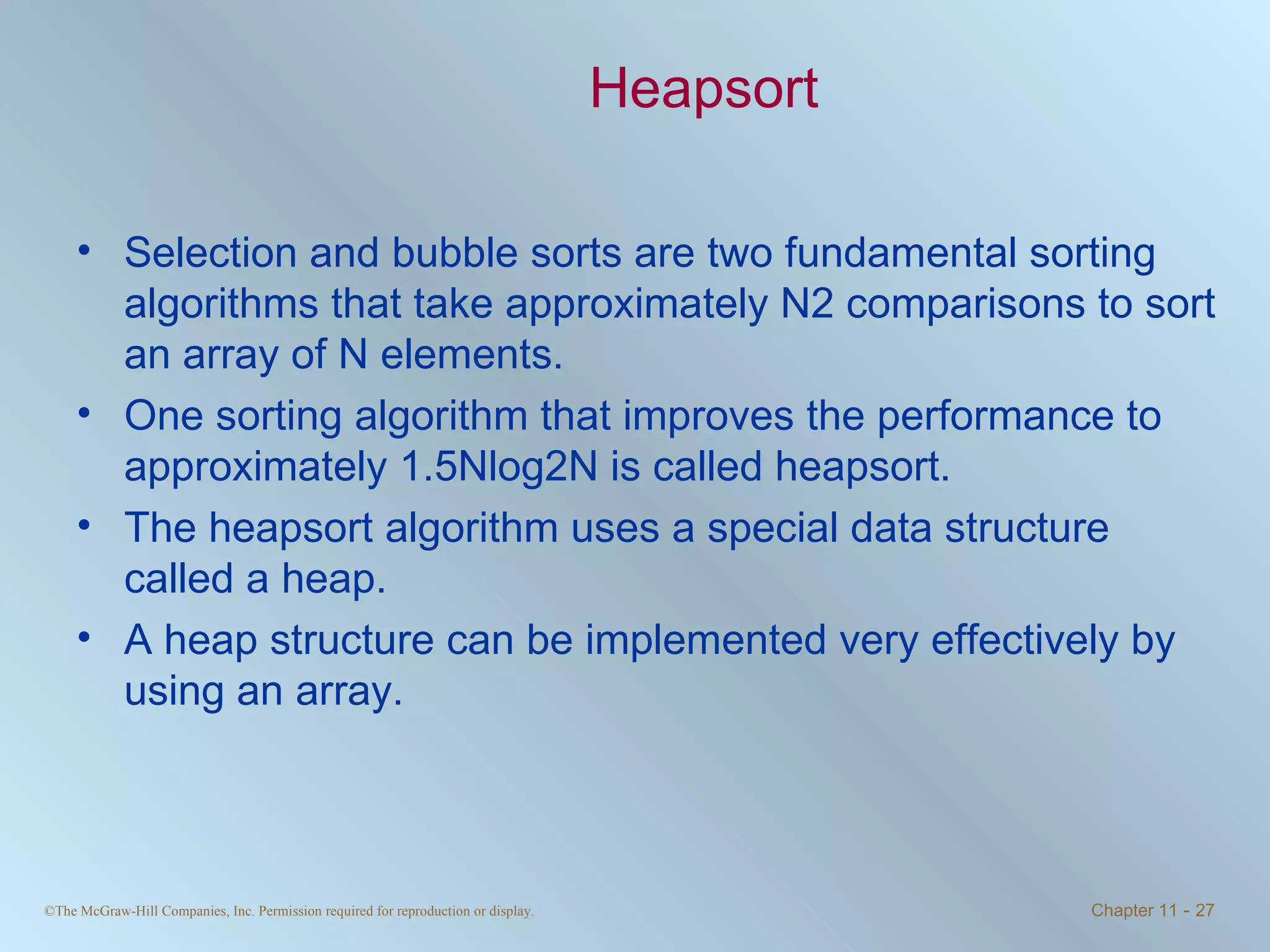 Heapsort Selection and bubble sorts are two fundamental sorting algorithms that take approximately N2 comparisons to sort an array of N elements. One sorting algorithm that improves the performance to approximately 1.5Nlog2N is called heapsort. The heapsort algorithm uses a special data structure called a heap. A heap structure can be implemented very effectively by using an array. 