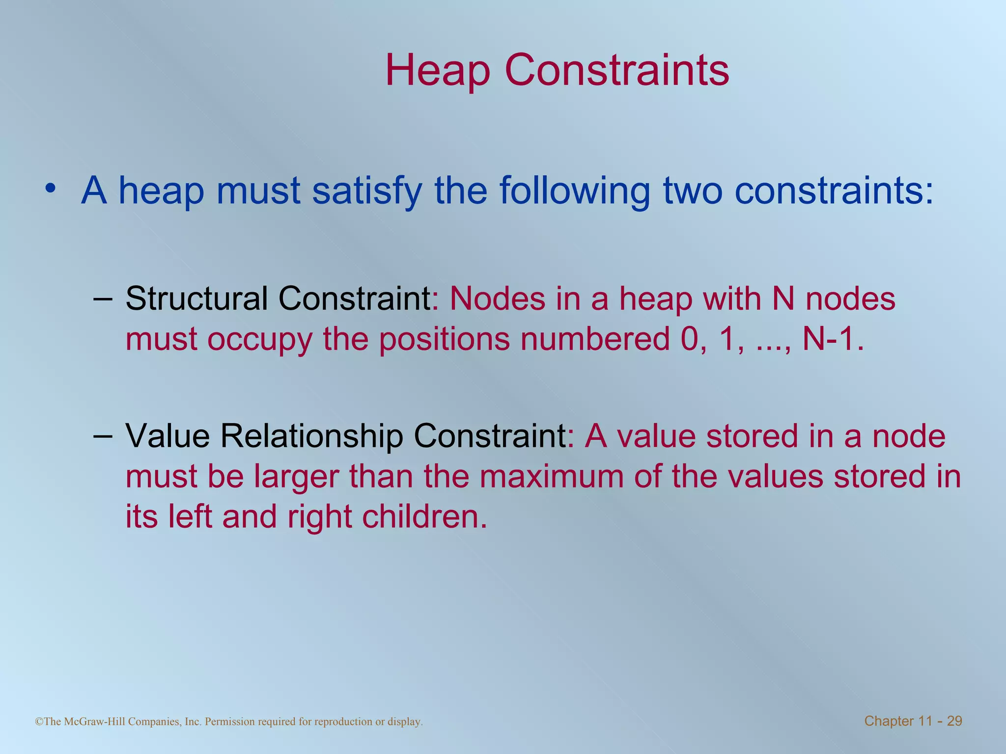 Heap Constraints A heap must satisfy the following two constraints: Structural Constraint : Nodes in a heap with N nodes must occupy the positions numbered 0, 1, ..., N-1.  Value Relationship Constraint : A value stored in a node must be larger than the maximum of the values stored in its left and right children.  