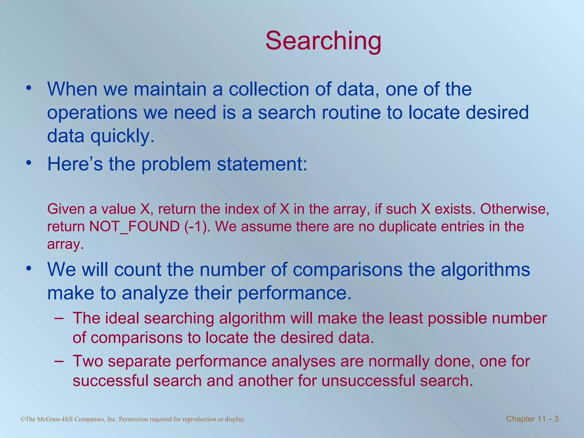 Searching When we maintain a collection of data, one of the operations we need is a search routine to locate desired data quickly.  Here’s the problem statement: Given a value X, return the index of X in the array, if such X exists. Otherwise, return NOT_FOUND (-1). We assume there are no duplicate entries in the array. We will count the number of comparisons the algorithms make to analyze their performance.  The ideal searching algorithm will make the least possible number of comparisons to locate the desired data. Two separate performance analyses are normally done, one for successful search and another for unsuccessful search. 