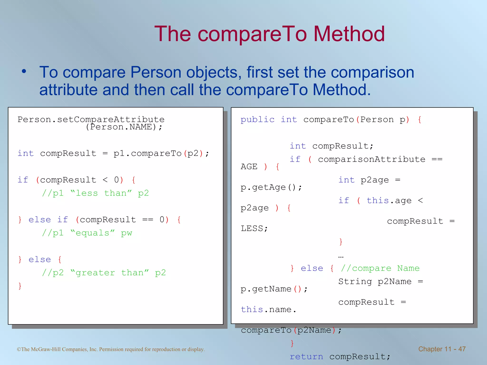 The compareTo Method To compare Person objects, first set the comparison attribute and then call the compareTo Method. Person.setCompareAttribute (Person.NAME); int  compResult = p1.compareTo ( p2 ) ; if   ( compResult < 0 ) { //p1 “less than” p2 }   else if   ( compResult == 0 )   { //p1 “equals” pw }   else   { //p2 “greater than” p2 } public   int  compareTo ( Person p )   { int  compResult; if   (  comparisonAttribute == AGE  ) { int  p2age = p.getAge(); if   (   this .age < p2age  ) { compResult = LESS; } … }   else   {   //compare Name String p2Name = p.getName () ; compResult =  this .name.   compareTo ( p2Name ) ; } return  compResult; } 