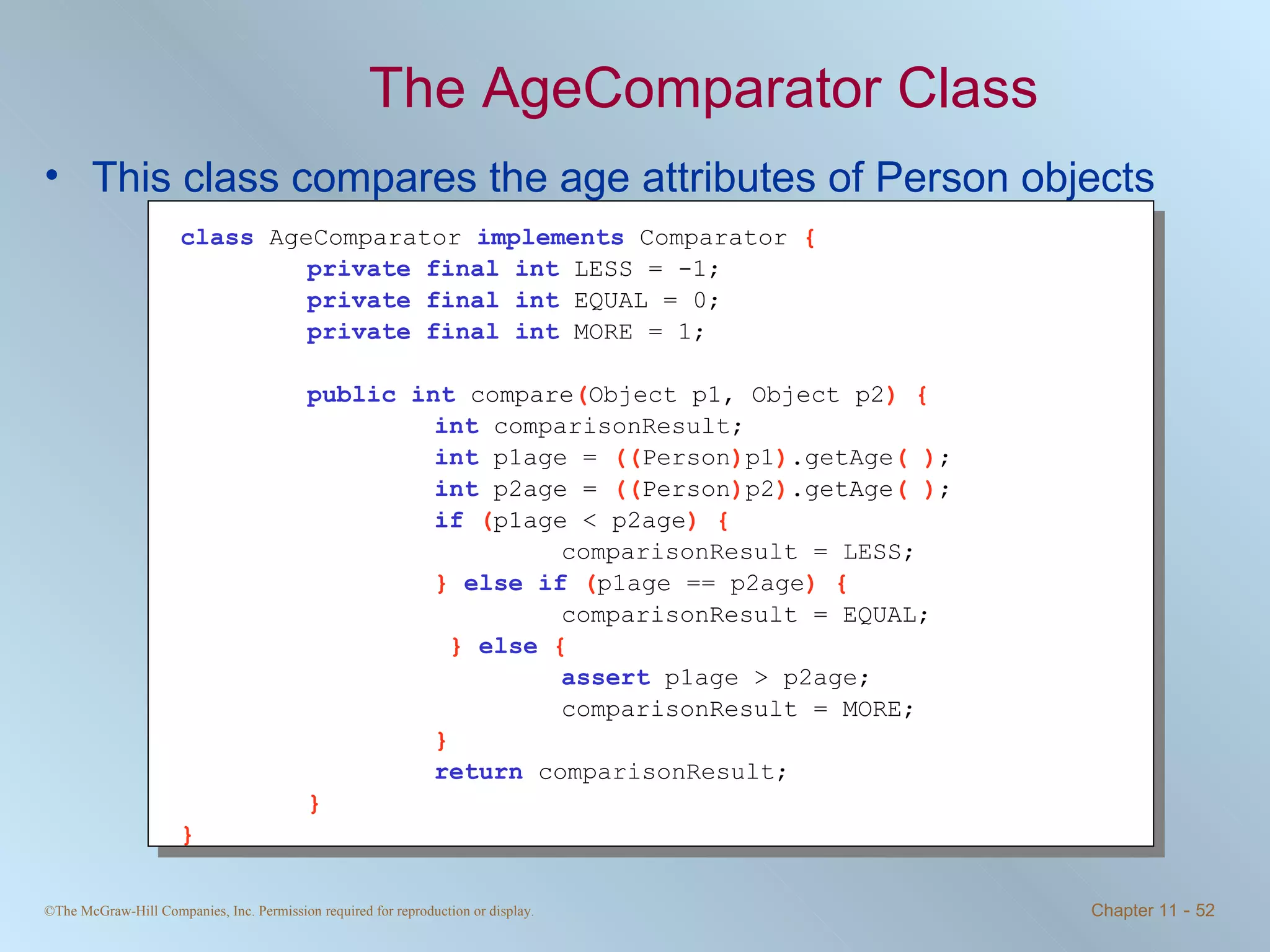 The AgeComparator Class This class compares the age attributes of Person objects class   AgeComparator  implements   Comparator  { private final int   LESS = -1; private final int   EQUAL = 0; private final int   MORE = 1; public int   compare ( Object p1, Object p2 ) { int   comparisonResult; int   p1age =  (( Person ) p1 ) .getAge ( ) ; int   p2age =  (( Person ) p2 ) .getAge ( ) ; if   ( p1age < p2age ) { comparisonResult = LESS; }  else if   ( p1age == p2age ) { comparisonResult = EQUAL;   }   else   { assert   p1age > p2age; comparisonResult = MORE; } return   comparisonResult; } }   