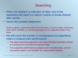 Searching When we maintain a collection of data, one of the operations we need is a search routine to locate desired data quickly.  Here’s the problem statement: Given a value X, return the index of X in the array, if such X exists. Otherwise, return NOT_FOUND (-1). We assume there are no duplicate entries in the array. We will count the number of comparisons the algorithms make to analyze their performance.  The ideal searching algorithm will make the least possible number of comparisons to locate the desired data. Two separate performance analyses are normally done, one for successful search and another for unsuccessful search. 