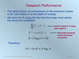 Heapsort Performance The total number of comparisons in the extraction phase is (N-1)  K where K is the depth of a heap. We solve for K using the fact that the heap must satisfy the structural constraint:  Therefore,  total # nodes in a heap with depth K this holds because of the structural constraint 