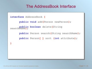 The AddressBook Interface interface   AddressBook  { public void   add ( Person newPerson ) ; public boolean   delete ( String searchName ) ; public   Person search ( String searchName ) ; public   Person [ ]  sort  ( int   attribute ) ; } 