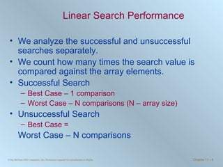 Linear Search Performance We analyze the successful and unsuccessful searches separately.  We count how many times the search value is compared against the array elements. Successful Search Best Case – 1 comparison Worst Case – N comparisons (N – array size) Unsuccessful Search Best Case =  Worst Case – N comparisons 