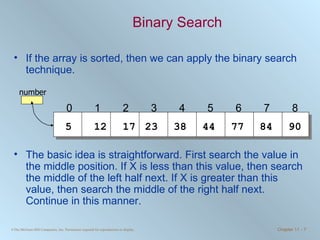 Binary Search If the array is sorted, then we can apply the binary search technique. The basic idea is straightforward. First search the value in the middle position. If X is less than this value, then search the middle of the left half next. If X is greater than this value, then search the middle of the right half next. Continue in this manner. number 5 12 17 23 38 44 77 0 1 2 3 4 5 6 7 8 84 90 
