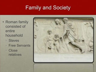 Family and Society,[object Object],Roman family consisted of entire household,[object Object],Slaves,[object Object],Free Servants,[object Object],Close relatives,[object Object]