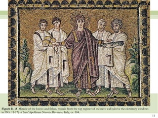 Figure 11-18  Miracle of the loaves and fishes, mosaic from the top register of the nave wall (above the clerestory windows in FIG. 11-17) of Sant’Apollinare Nuovo, Ravenna, Italy, ca. 504.   
