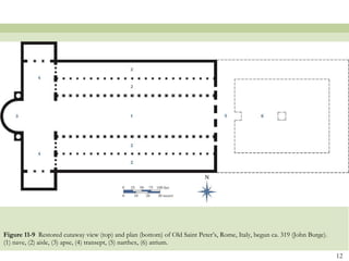 Figure 11-9   Restored cutaway view (top) and plan (bottom) of Old Saint Peter’s, Rome, Italy, begun ca. 319 (John Burge). (1) nave, (2) aisle, (3) apse, (4) transept, (5) narthex, (6) atrium.  