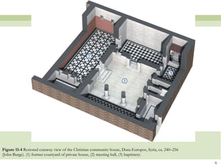 Figure 11-4  Restored cutaway view of the Christian community house, Dura-Europos, Syria, ca. 240–256 (John Burge). (1) former courtyard of private house, (2) meeting hall, (3) baptistery. 