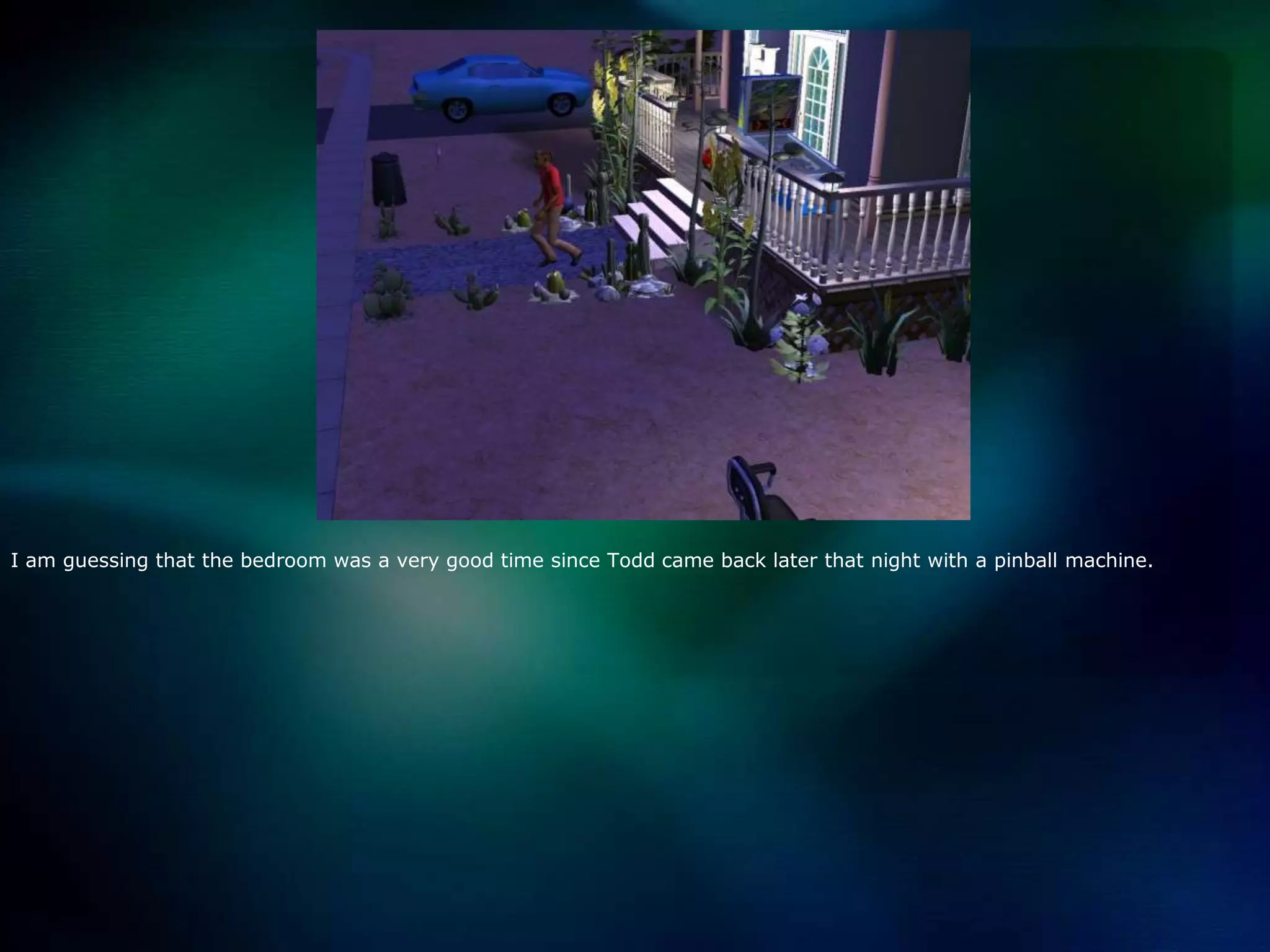 I am guessing that the bedroom was a very good time since Todd came back later that night with a pinball machine.  