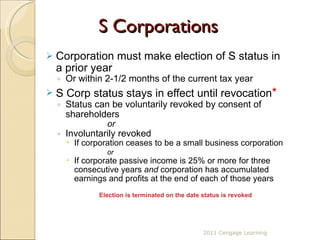 S Corporations  Corporation must make election of S status in a prior year  Or within 2-1/2 months of the current tax year S Corp status stays in effect until revocation * Status can be voluntarily revoked by consent of shareholders or Involuntarily revoked If corporation ceases to be a small business corporation or If corporate passive income is 25% or more for three consecutive years  and  corporation has accumulated earnings and profits at the end of each of those years Election is terminated on the date status is revoked 2011 Cengage Learning 