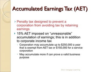 Accumulated Earnings Tax (AET) Penalty tax designed to prevent a corporation from avoiding tax by retaining earnings 15% AET imposed on “unreasonable” accumulation of earnings; this is in addition to corporate income tax Corporation may accumulate up to $250,000 a year that is exempt from AET tax or $150,000 for a service corporation May accumulate more if can prove a valid business purpose 2011 Cengage Learning 