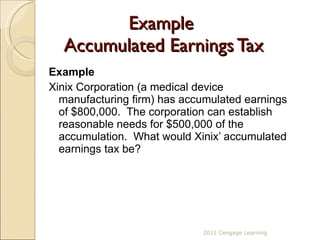 Example  Accumulated Earnings Tax Example Xinix Corporation (a medical device manufacturing firm) has accumulated earnings of $800,000.  The corporation can establish reasonable needs for $500,000 of the accumulation.  What would Xinix’ accumulated earnings tax be? 2011 Cengage Learning 