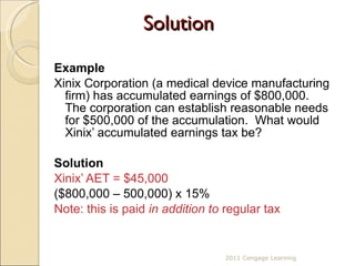 Solution Example Xinix Corporation (a medical device manufacturing firm) has accumulated earnings of $800,000.  The corporation can establish reasonable needs for $500,000 of the accumulation.  What would Xinix’ accumulated earnings tax be? Solution Xinix’ AET = $45,000 ($800,000 – 500,000) x 15% Note: this is paid  in addition to  regular tax 2011 Cengage Learning 