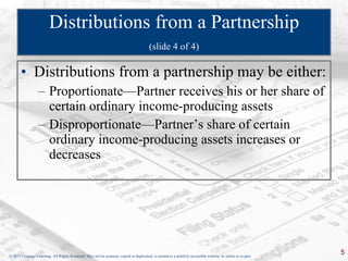 Distributions from a Partnership   (slide 4 of 4)   Distributions from a partnership may be either: Proportionate—Partner receives his or her share of certain ordinary income-producing assets Disproportionate—Partner’s share of certain ordinary income-producing assets increases or decreases 