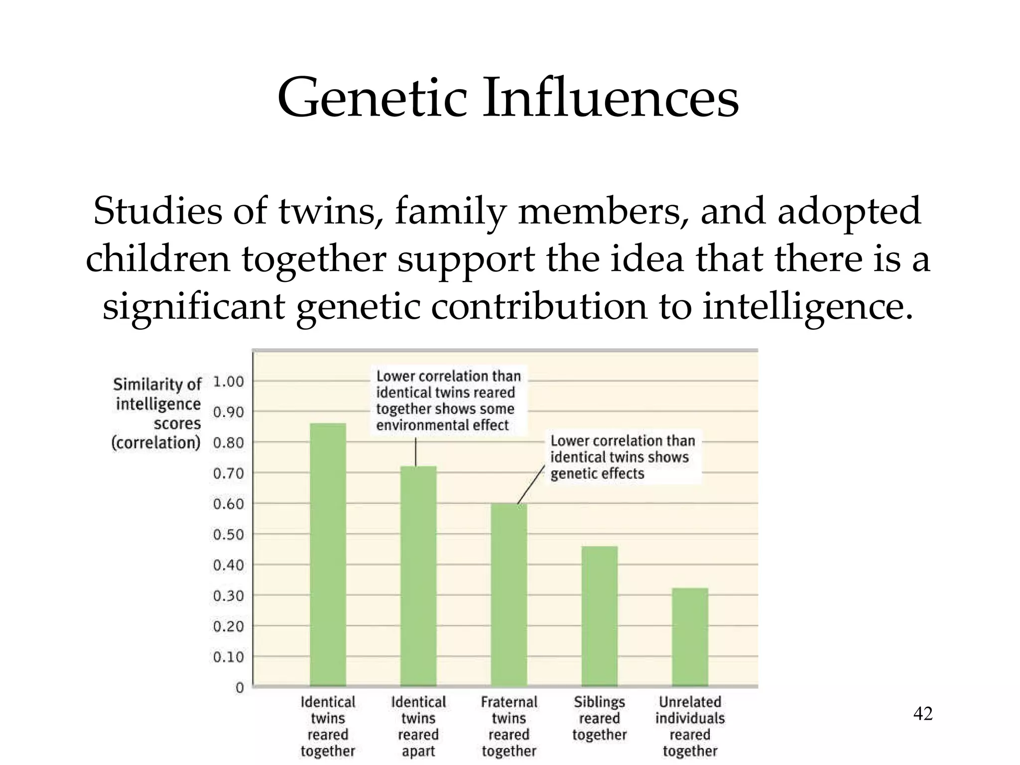Genetic Influences Studies of twins, family members, and adopted children together support the idea that there is a significant genetic contribution to intelligence. 