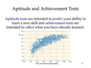 Aptitude and Achievement Tests Aptitude tests  are intended to  predict  your ability to learn a new skill and  achievement tests  are intended to  reflect  what you have already learned. 