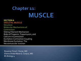 Chapter 11: MUSCLE SECTION A SKELETAL MUSCLE Structure Molecular Mechanisms of Contraction Sliding-Filament Mechanism Roles of Troponin, Tropomyosin, and Calcium in Contraction Excitation-Contraction Coupling Membrane Excitation: The Neuromuscular Junction Roxanne Trina C. Ferrer, MD EllaineShiela Marie G. Corpuz, MD BS Biology 4 