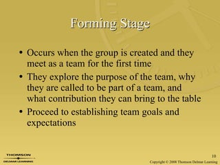 Forming Stage Occurs when the group is created and they meet as a team for the first time They explore the purpose of the team, why they are called to be part of a team, and what contribution they can bring to the table Proceed to establishing team goals and expectations 