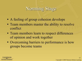 Norming Stage A feeling of group cohesion develops Team members master the ability to resolve conflict Team members learn to respect differences of opinion and work together Overcoming barriers to performance is how groups become teams 