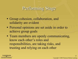 Performing Stage Group cohesion, collaboration, and solidarity are evident Personal opinions are set aside in order to achieve group goals Team members are openly communicating, know each other’s roles and responsibilities, are taking risks, and trusting and relying on each other 