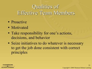 Qualities of  Effective Team Members Proactive Motivated Take responsibility for one’s actions, decisions, and behavior Seize initiatives to do whatever is necessary to get the job done consistent with correct principles 