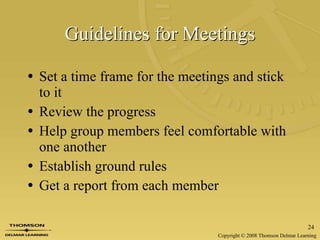 Guidelines for Meetings Set a time frame for the meetings and stick to it Review the progress Help group members feel comfortable with one another Establish ground rules Get a report from each member 
